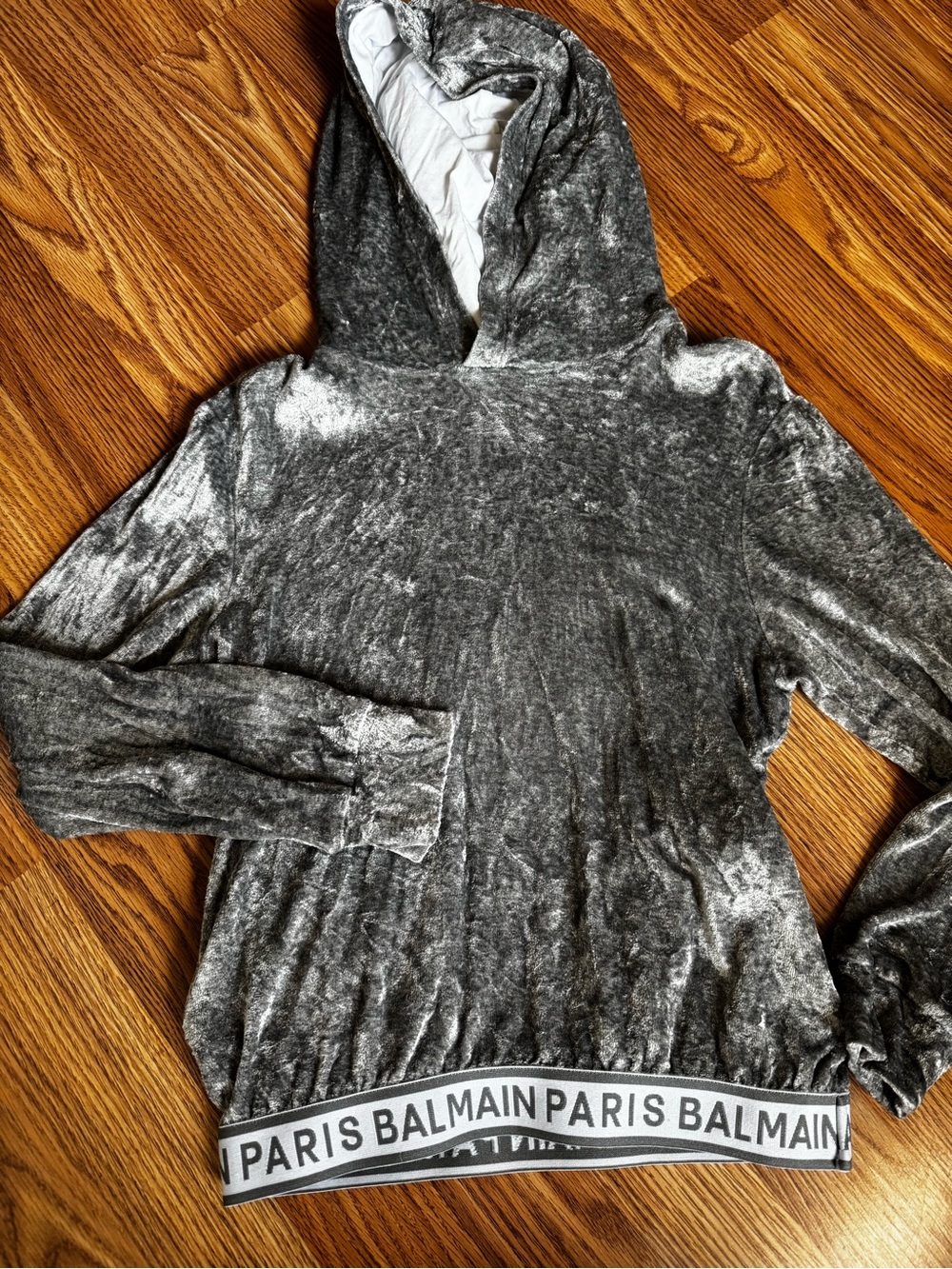 Balmain Silver Crushed Velvet Hooded Sweatshirt